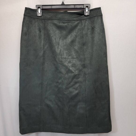 Ann Taylor Size 10 Faux Suede Button Front Skirt Green Midi Pencil Style Career - Picture 2 of 6